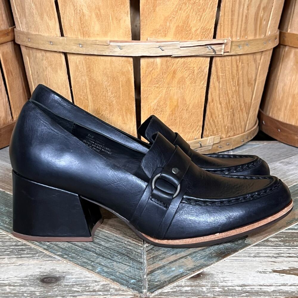 Kork-Ease Aki Black Leather Chunky Block Heel Slip-On Pump Loafer Women Size 9.5